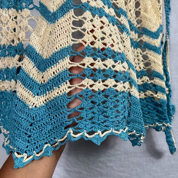 Vintage Hand Crocheted Waist Apron Womens S Retro 60s Blue Ivory Doily Grandma - Picture 2 of 7